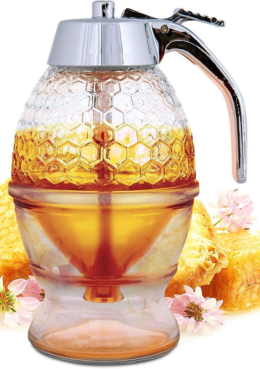 No Drip Glass Honey Dispenser - Beautiful Honeycomb Shaped Pot and Maple Syrup Dispenser - Great Bee Decor and Stand - Honey Jar