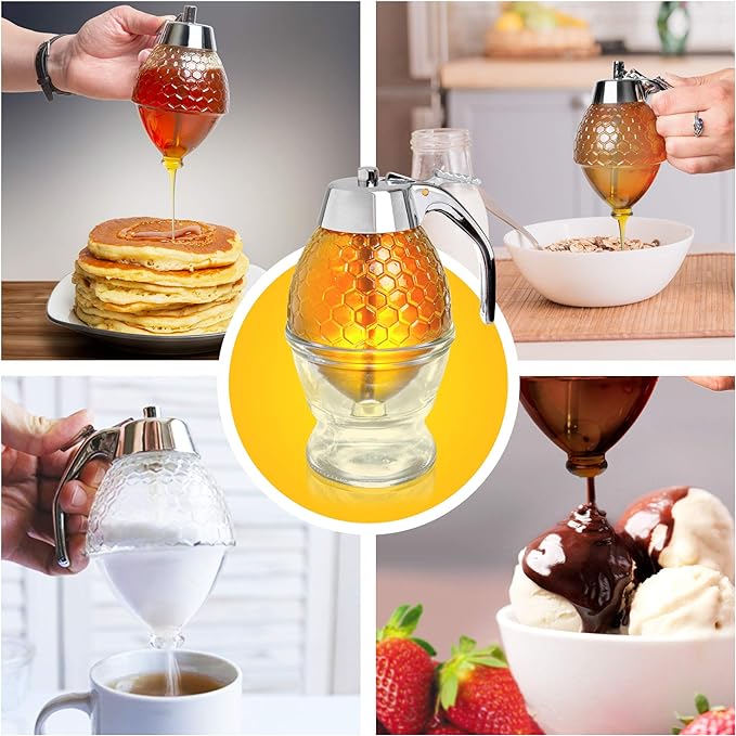 No Drip Glass Honey Dispenser - Beautiful Honeycomb Shaped Pot and Maple Syrup Dispenser - Great Bee Decor and Stand - Honey Jar