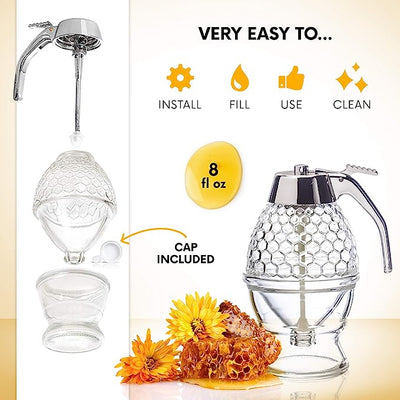 No Drip Glass Honey Dispenser - Beautiful Honeycomb Shaped Pot and Maple Syrup Dispenser - Great Bee Decor and Stand - Honey Jar