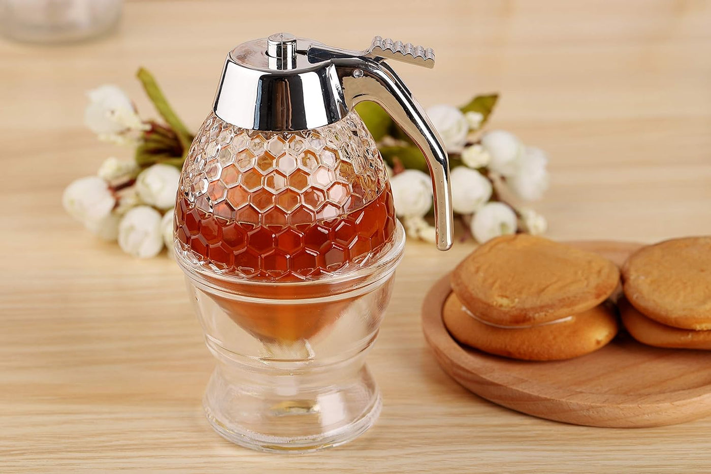 No Drip Glass Honey Dispenser - Beautiful Honeycomb Shaped Pot and Maple Syrup Dispenser - Great Bee Decor and Stand - Honey Jar