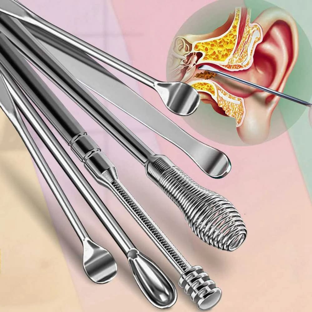 6Pcs/Set Ear Wax Pickers Earpick Wax Remover Stainless Steel Kit